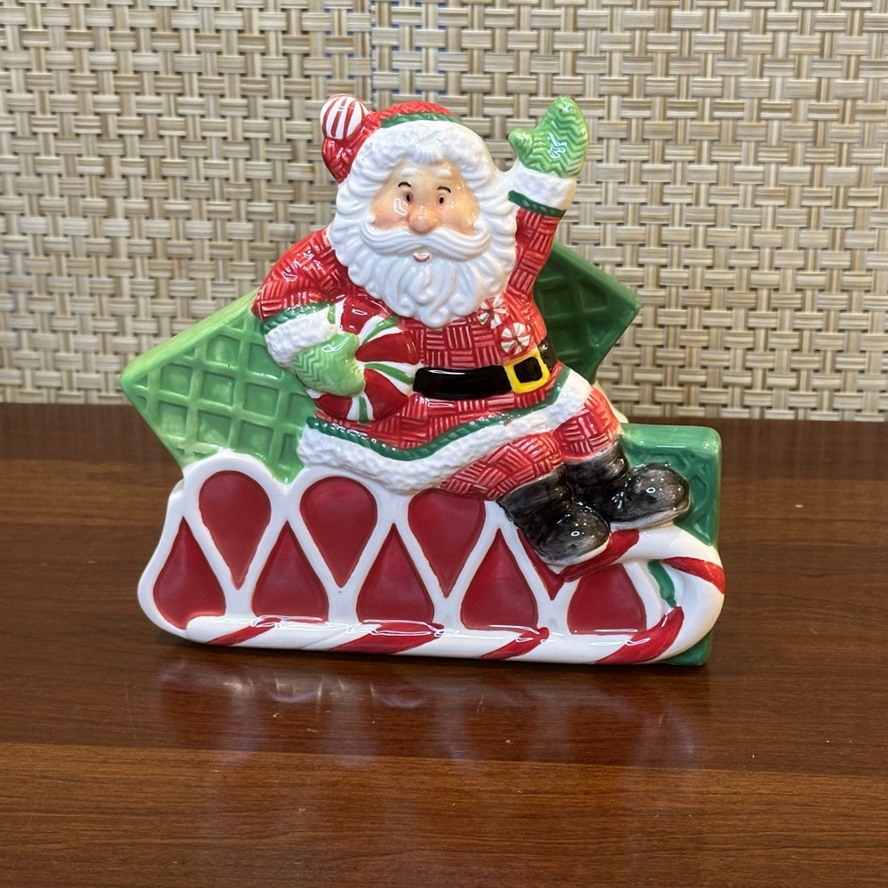🎄🌟HP🌟2008 Fitz & Floyd Christmas Peppermint Santa Ceramic Napkin Holder